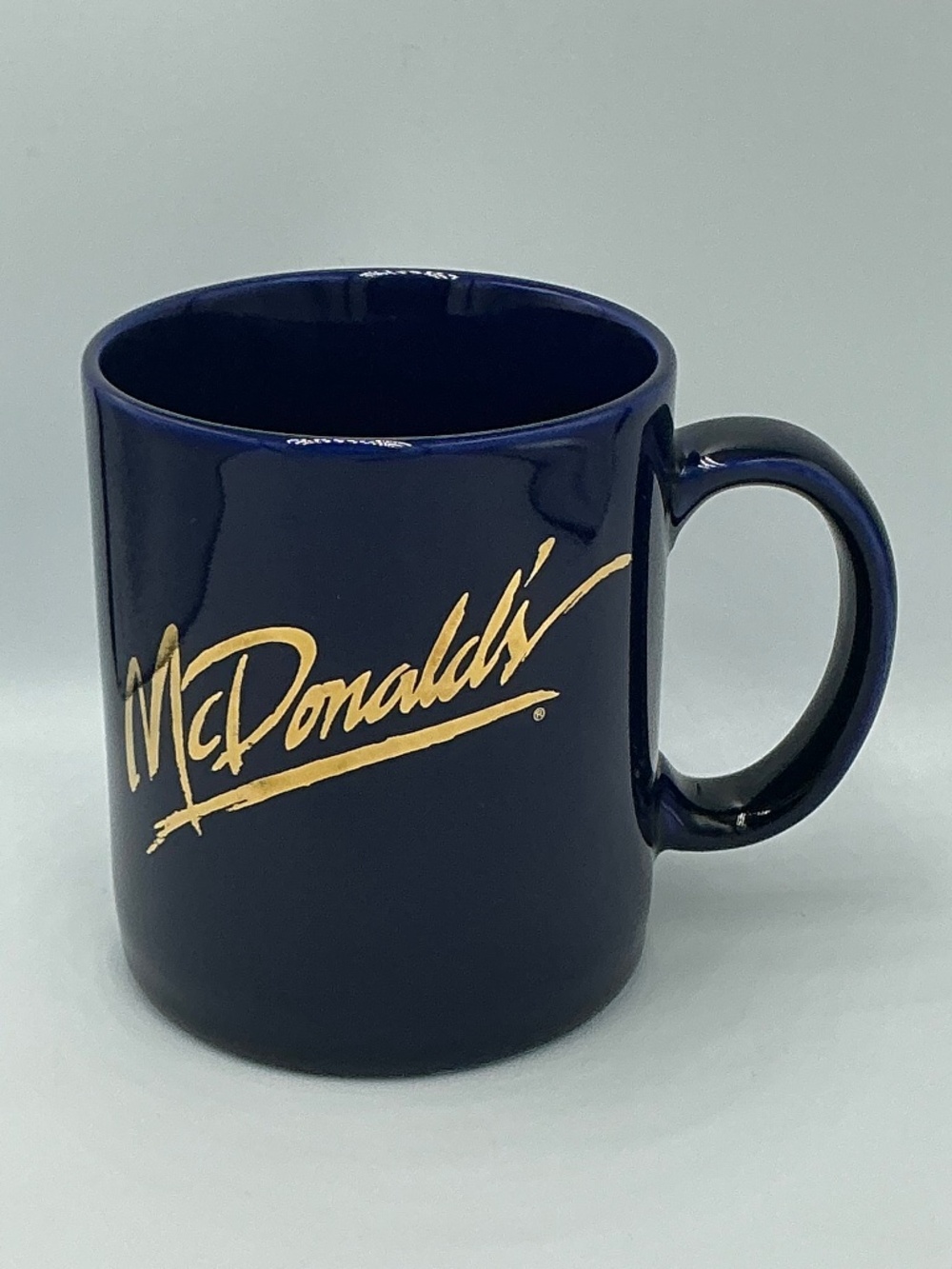 Vintage McDonald's Cobalt Blue Mug Gold Script Signature 1980s Coffee Cup
